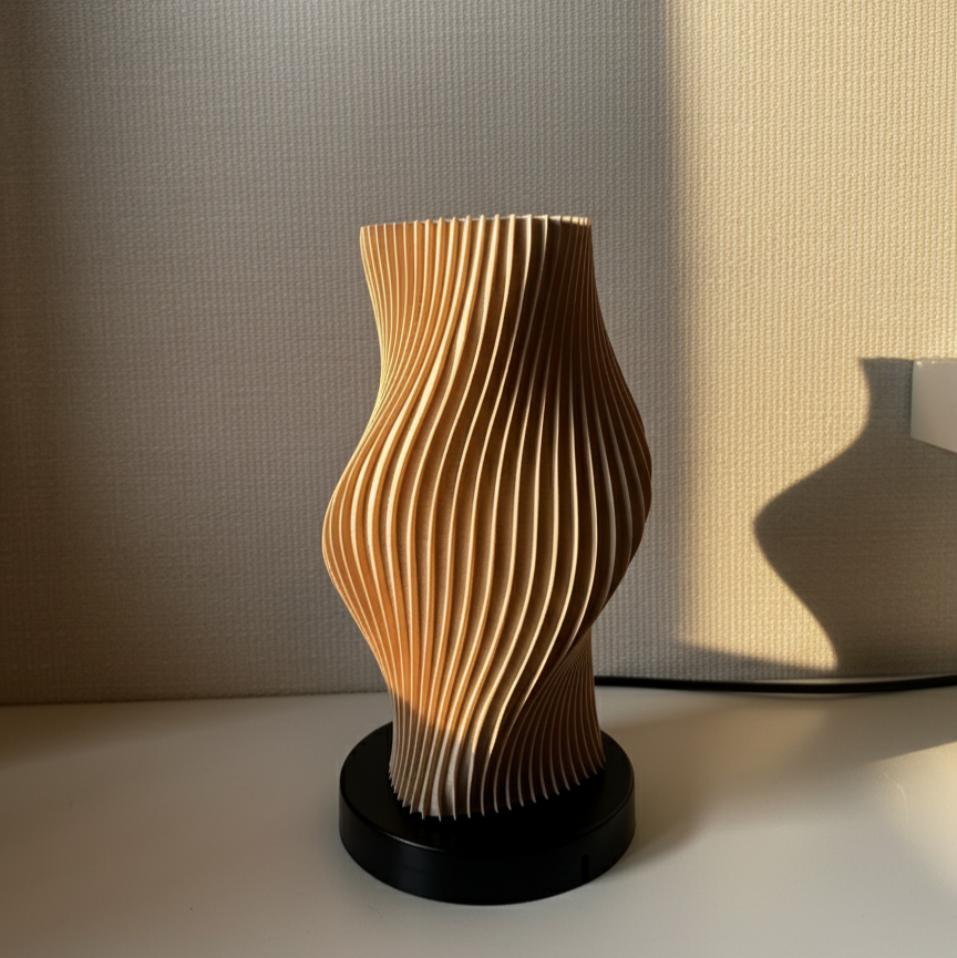 Wooden lamp with wavy design on a white surface with a gray wall background